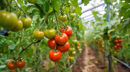 Fotobehang Ripe red organic tomato in greenhouse. Beautiful heirloom tomatoes © myAstock