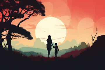 mother and child walk in forest at sunset illustration Generative AI