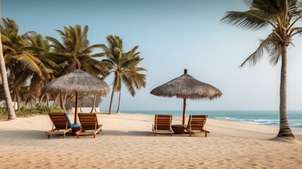 Obraz na płótnie Canvas Tranquil beach escape, lounge chair, palm tree, clear water, serene ambiance.