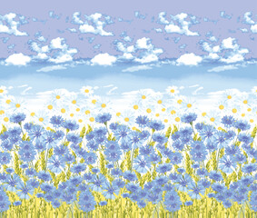 Textile and digital seamless field of daisies vector design 