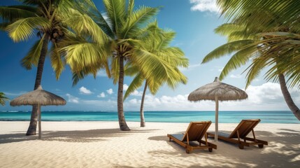 Obraz na płótnie Canvas Tranquil beach escape, lounge chair, palm tree, clear water, serene ambiance.