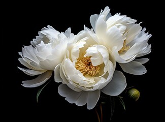 Fresh white peony flowers on dark table background. Condolence card. Empty place for emotional, sentimental text, quote or sayings. Closeup. Created with Generative AI technology.