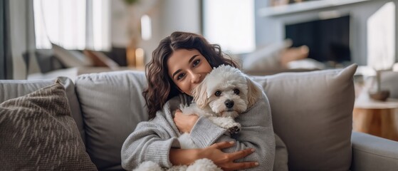 cheerful young girl hugging beloved pet dog at home on the couch, best friend, friendship concept, Generative AI