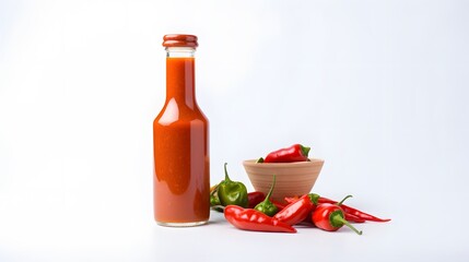 Hot sauce bottle with many red chili peppers isolated on white background