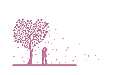 Fototapeta na wymiar A silhouette of a couple standing under a tree on a white background. Illustration in pink tones for love festivals, weddings or Valentine's Day.