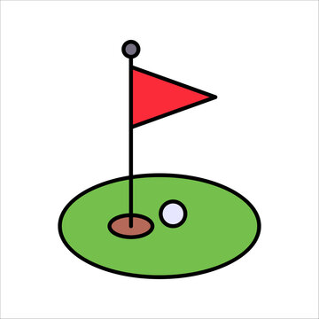 Golf course green with flag or flagstick and golf ball flat vector illustration on white background