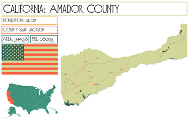 Large and detailed map of Amador County in California, USA.