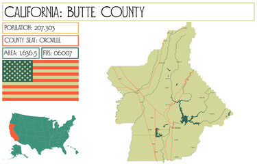 Large and detailed map of Butte County in California, USA.