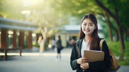 Asian young college student girl with schoolbag holding folders with confident nice smiling in university, Generative AI.