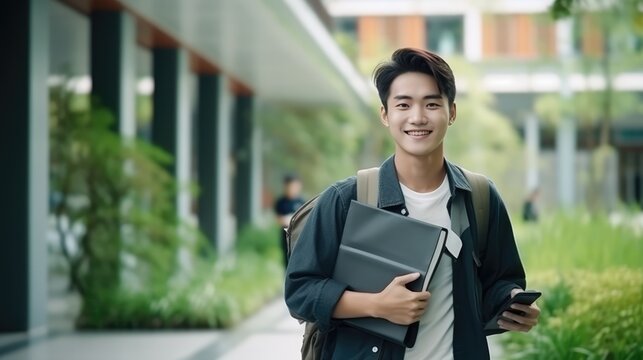 Asian young college student boy with schoolbag holding folders with confident nice smiling in university, Generative AI.