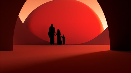 silhouette of a family walking in the night