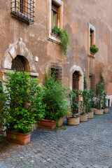 Fototapeta na wymiar Old historic building in Rome with flowers and cobblestone street