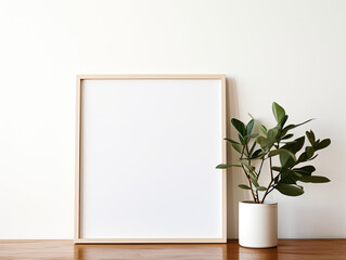 Empty wooden  vertical picture frame on a blank wall, mock-up