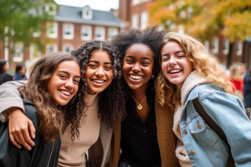 Students reunite at college for a new semester and are hugging each other out of joy