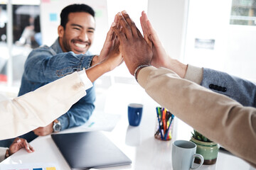 Creative people, meeting and high five for team building, success or achievement at the office. Happy group with hands together for teamwork, celebration or support in trust or startup at workplace - obrazy, fototapety, plakaty