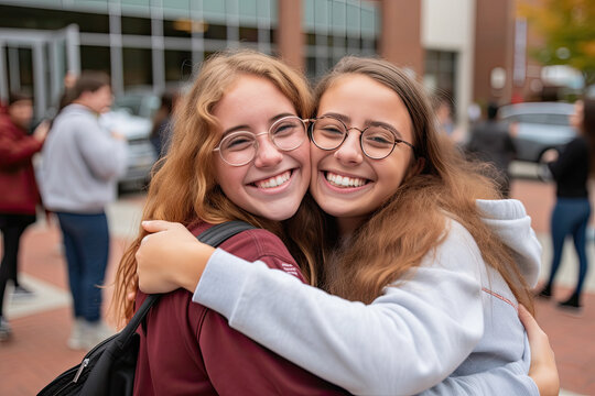 Students reunite at college for a new semester and are hugging each other out of joy