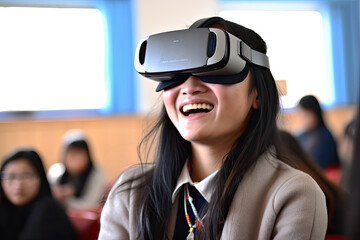 Asian Tibetan student active fun learning wearing a virtual reality goggle, VR headset Future digital technology for school home education