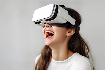 Active learning woman is wearing a virtual reality goggle, VR headset Future digital technology metaverse game and entertainment