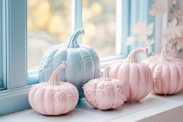 A close-up of pink and pastel baby blue ceramic pumpkins on a windowsill