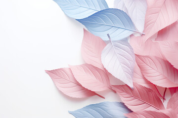 A close-up of pink and pastel blue painted leaves on a white background.