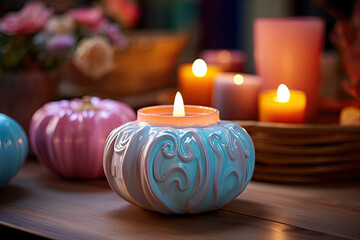 A pink and pastel blue pumpkin-shaped candle holder with a lit candle.