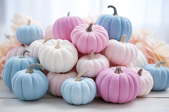 Pink and pastel blue pumpkins arranged on a white table