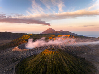 Aerial view Mount Bromo active volcano at sunrise, East Java, Indonesia