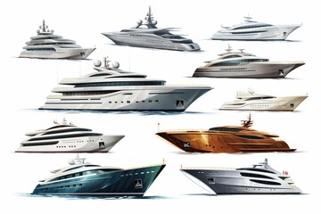 Collection of Luxury Mega Yacht Ships on White Background. Generative ai