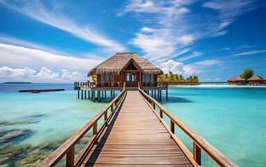 A scenic wooden dock leading to huts in the ocean. AI