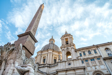 Details of fountain dei Quattro Fiumi and the church Sant-Agnese in Agone on  Navona square