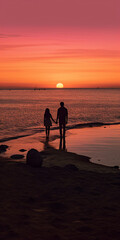 Fototapeta na wymiar silhouette of a couple on beach, generative ai