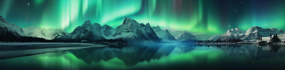 Fototapeta na wymiar Panorama of Northern Lights Illuminate on Mountain Sky. Generative ai