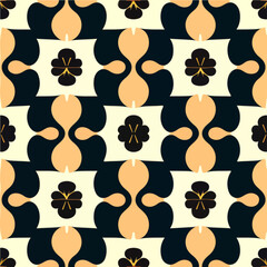 White background sets the stage for a captivating black and orange pattern. Drawing inspiration from both art nouveau and art deco styles, it showcases a seamless and intricate design.