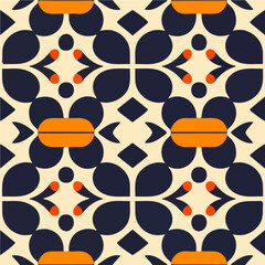 Retro inspired pattern on a white backdrop, featuring an art deco design in orange and black hues. Its seamless repetition captures the essence of 70s aesthetics.
