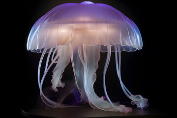 An imaginative and photo-realistic depiction of a shimmering and translucent jellyfish underwater creature, captured in studio. Generative AI