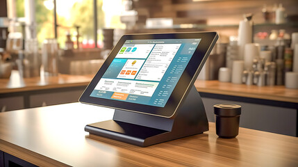 touch cash register terminal in catering facilities. bar and restaurant, payment system, made with Generative AI