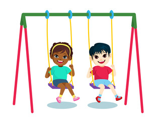Vector illustration of two cute little children playing together on swing. Happy kids on leisure activity concept