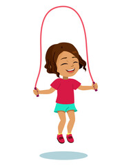 Happy cute child girl playing jump rope. Vector illustration of female kid doing leisure activity