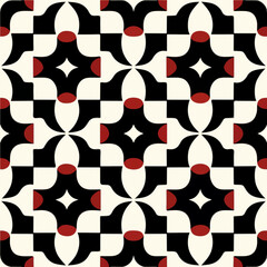 Striking black and white pattern adorned with red circles exudes the charm of art deco, showcasing an ornate geometric design reminiscent of a peppermint motif.