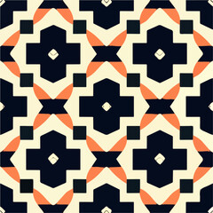 White backdrop showcases a seamless and stylish art deco pattern in black and orange, adding a touch of sophistication to this geometric fabric design.