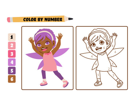 Cute little fairy coloring activity with number. Vector illustration of creative artistic drawing leisure time art