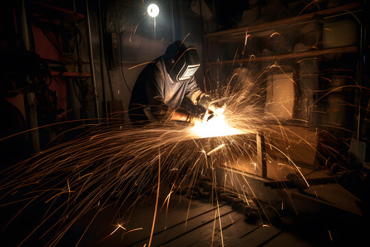 Artistic motion blur photograph of a welder in a fabrication workshop, showcasing the sparks and motion involved in metalworking. Generative AI