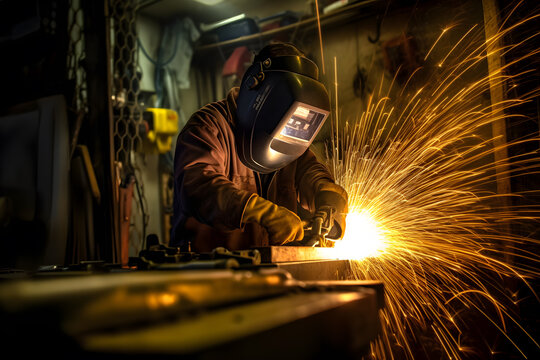 Artistic motion blur photograph of a welder in a fabrication workshop, showcasing the sparks and motion involved in metalworking. Generative AI