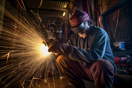 Artistic motion blur photograph of a welder in a fabrication workshop, showcasing the sparks and motion involved in metalworking. Generative AI