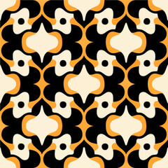 Striking pattern composed of black and orange hues with white circles. It exhibits a tessellating arrangement, forming a captivating hexagonal pattern that repeats seamlessly.