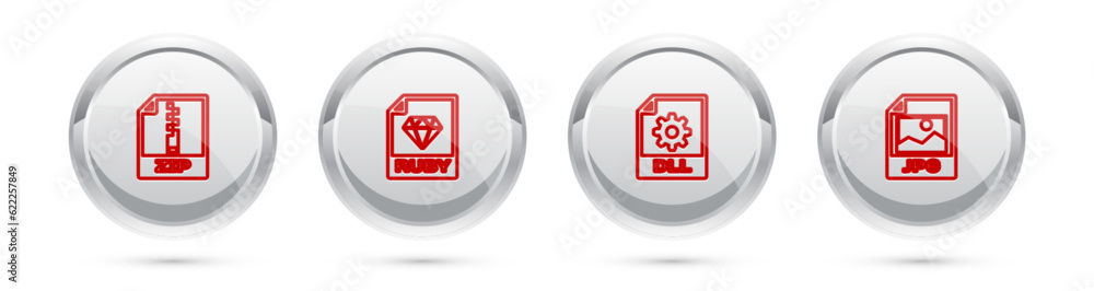 Poster set line zip file document, ruby, dll and jpg. silver circle button. vector
