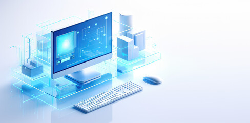 Isometric icon of computers, laptops, liaisons and technology equipment. Copy space, creative banner for computer service, tech repair, cloud storage. White blue colors. Generative AI illustration. - obrazy, fototapety, plakaty