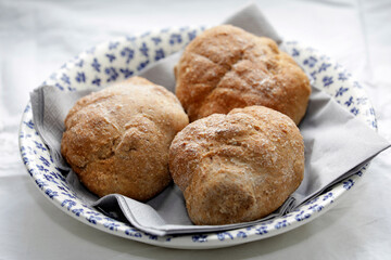 Homemade whole grain buns, spelled quark, healthy, low carb, diabetic fare, rolls, plate of...