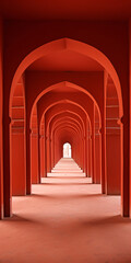 long corridor with ancient columns in greek style and brown-reddish earth tones,fictional architecture made with generative ai