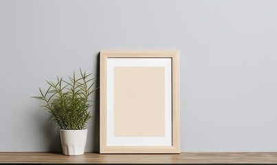Mockup poster frame on the wall of the modern Scandi Style room. Minimalist style interior. Simple light gray background wall. Modern interior design, generative ai.